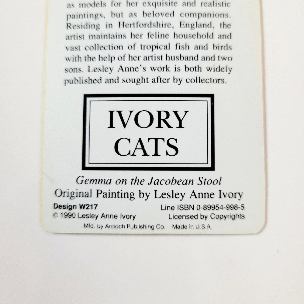 VTG 90s Lesley Ivory Cats Card Bookmark- Gemma Jacobean Stool- 1990 Antioch W217